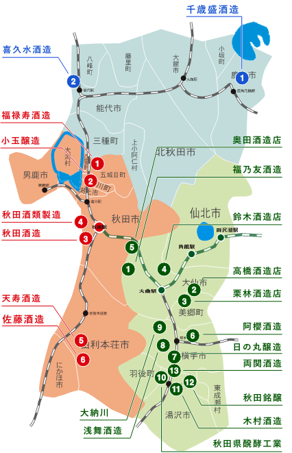 秋田県の各酒蔵マップ