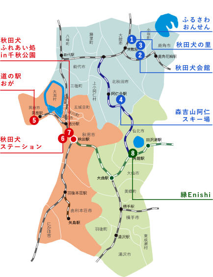 秋田犬に会える場所のエリアマップ